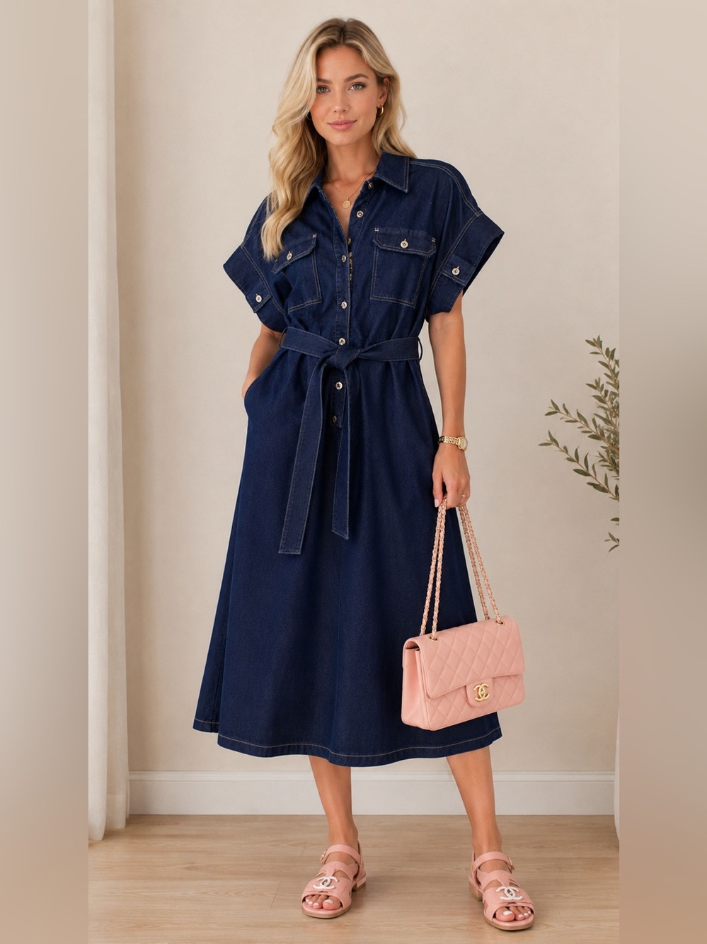 Twinset Actitude Denim Shirt Dress‎ NWT Size 6 Belted Dark Wash Midi Dress